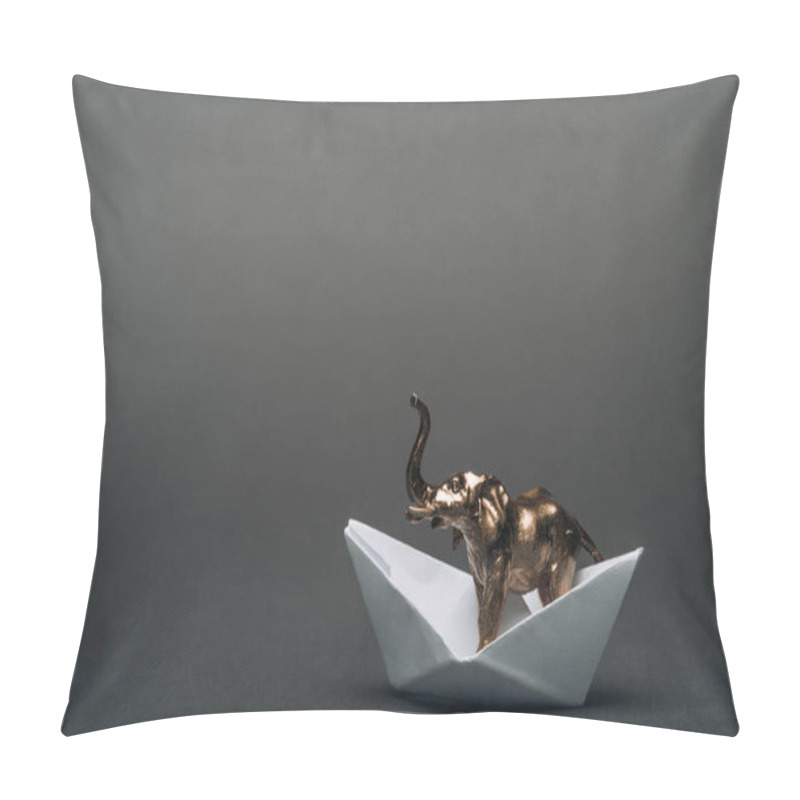 Personality  Golden Toy Elephant In Paper Boat On Grey Background, Animal Welfare Concept Pillow Covers