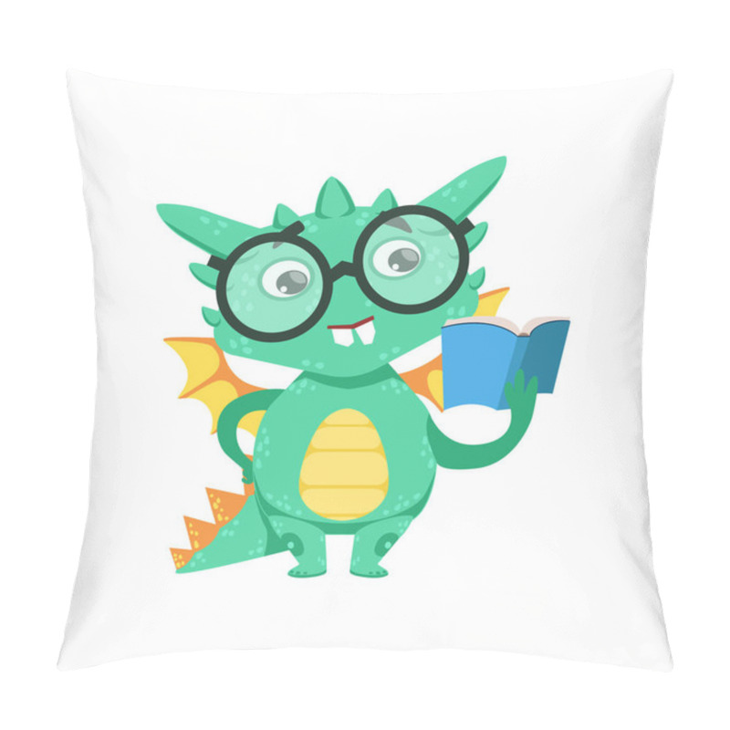 Personality  Little Anime Style Smart Bookworm Baby Dragon Reading A Book Cartoon Character Emoji Illustration Pillow Covers