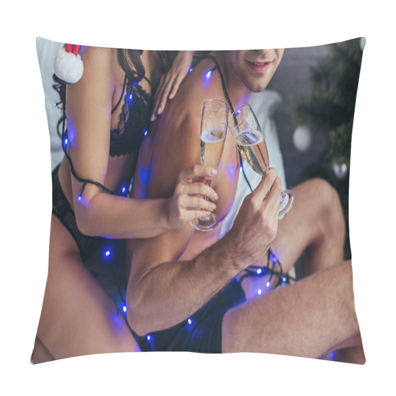 Personality  Cropped View Of Young Couple, Covered With Christmas Garland, Clinking Champagne Glasses Pillow Covers