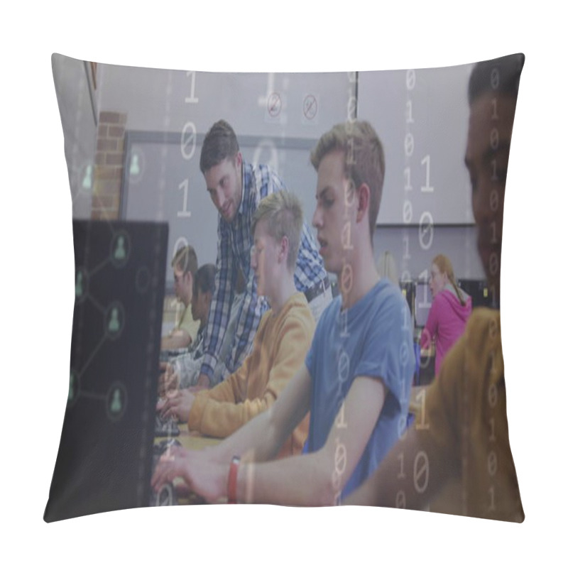 Personality  Image Of Binary Coding And Icons Over Diverse Students Using Computers With Teacher. Education, Technology And Digital Interface Concept Digitally Generated Image. Pillow Covers