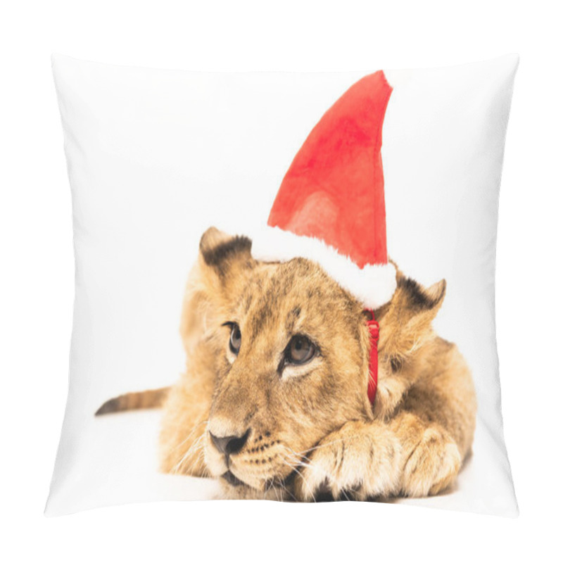 Personality  Cute Lion Cub In Santa Hat Isolated On White Pillow Covers