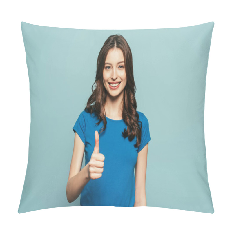 Personality  Happy Girl Showing Thumb Up While Smiling At Camera Isolated On Blue Pillow Covers