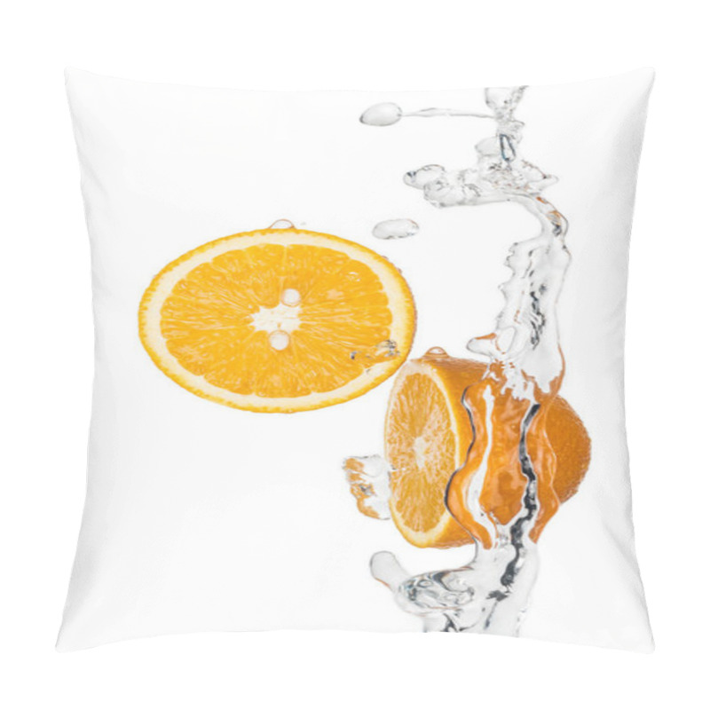 Personality  Fresh Orange Halves With Clear Water Splash And Drops Isolated On White Pillow Covers