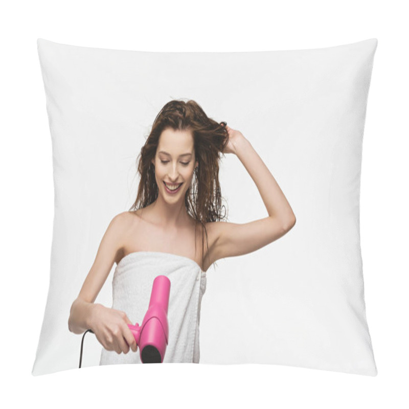 Personality  Happy Girl Drying Long Hair With Hair Dryer Isolated On White Pillow Covers