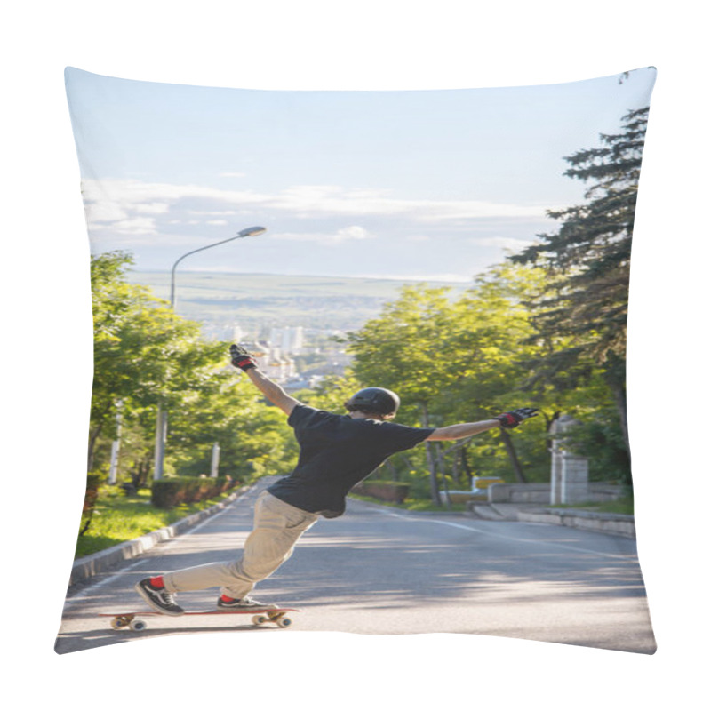 Personality  A Young Guy Action Makes A Stand-up Slide On A Longboard In The Resort Area Of The City Pillow Covers