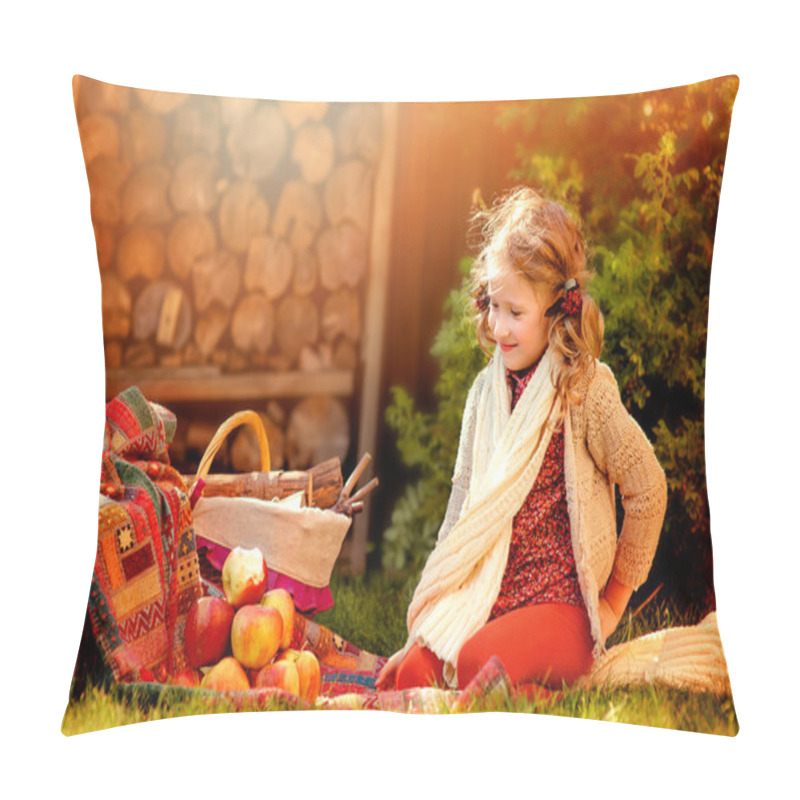 Personality  Happy Child Girl In White Knitted Scarf With Red Apples In Sunny Autumn Garden Pillow Covers