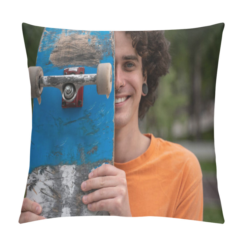 Personality  Cheerful Man Looking At Camera While Obscuring Face With Skateboard Pillow Covers