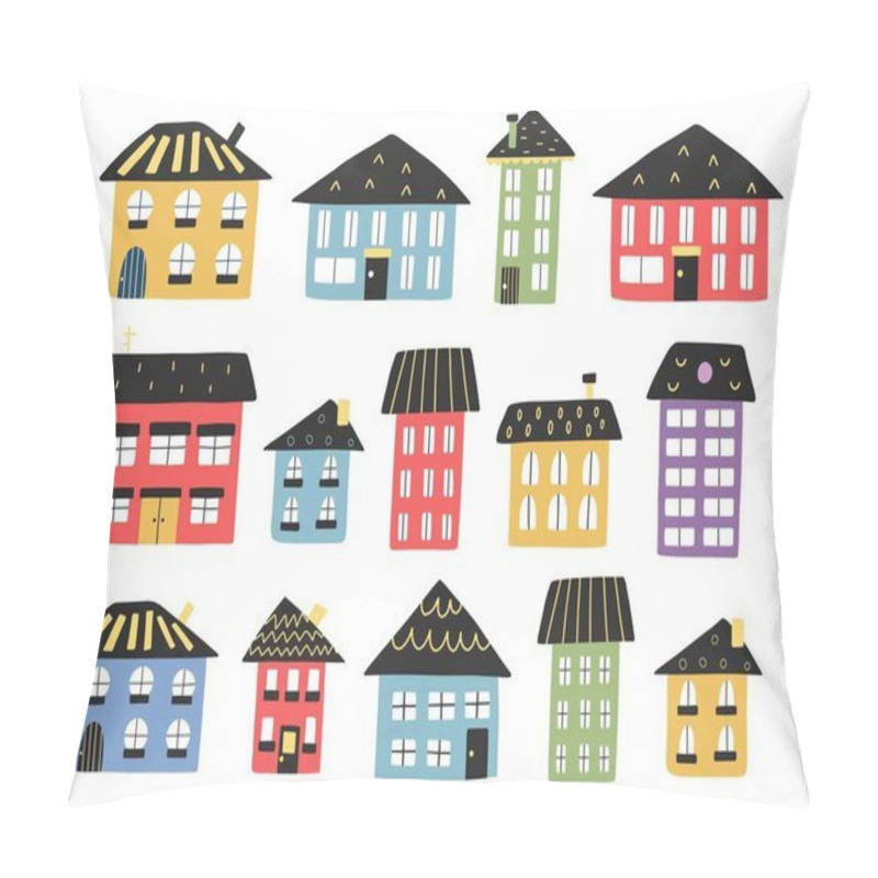 Personality  Cute Cartoon Houses Set. Tiny Town Buildings Collection. Flat Isolated Elements In Trendy Hand Drawn Style. Build Your Urban Landscape. Kids And Baby Clipart. Vector Illustration Pillow Covers