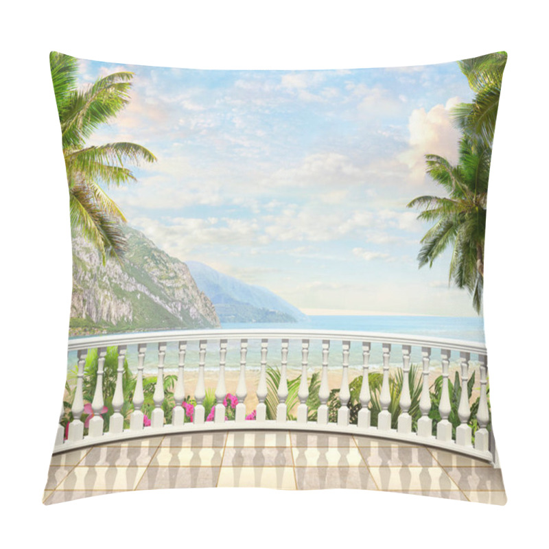 Personality  View From The Balcony With Flowers On The Blue Sea Pillow Covers