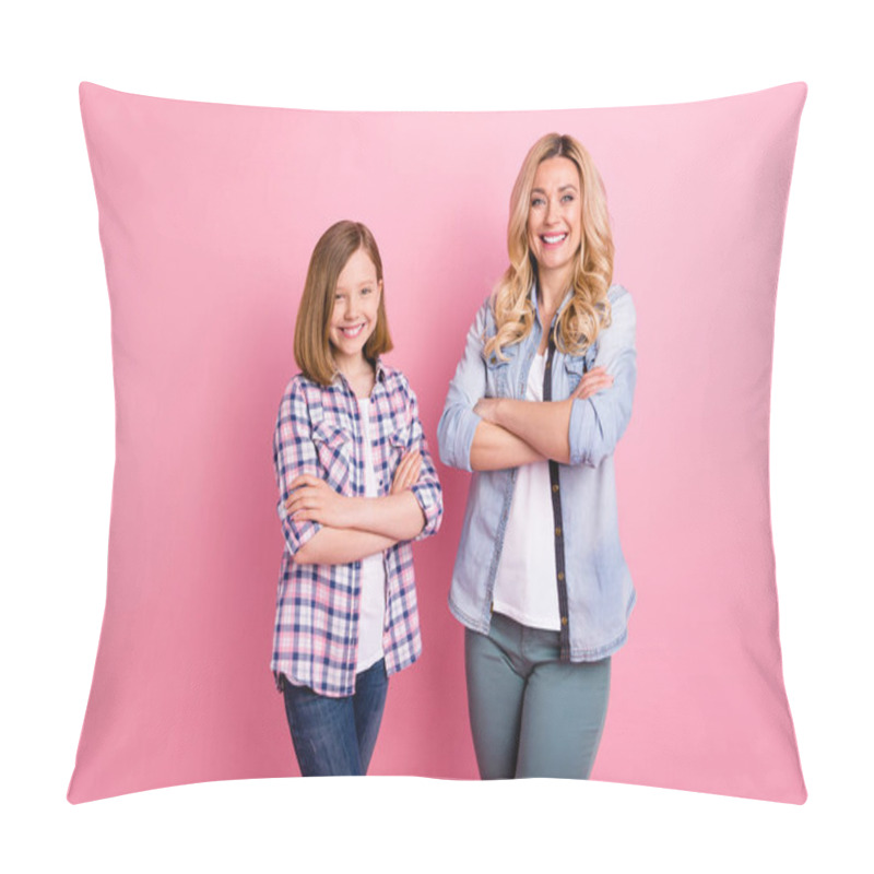 Personality  Portrait Of Nice Cute Charming Mother Daughter Cross Hands Enjoy Decide Work Job Decision Solution Wear Denim Jeans Checkered Plaid Shirt Isolated Over Pastel Color Background Pillow Covers