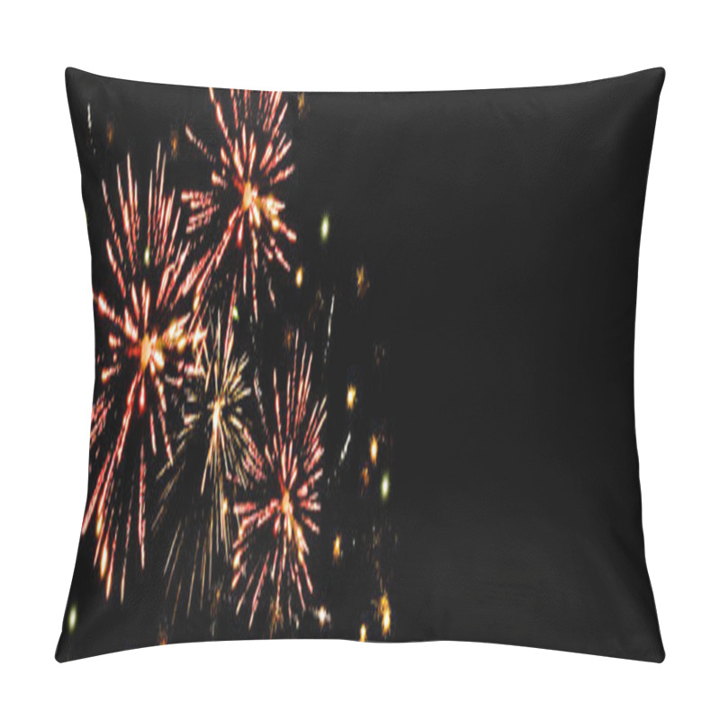 Personality  Panoramic Shot Of Red Festive Fireworks In Dark Night Sky, Isolated On Black Pillow Covers