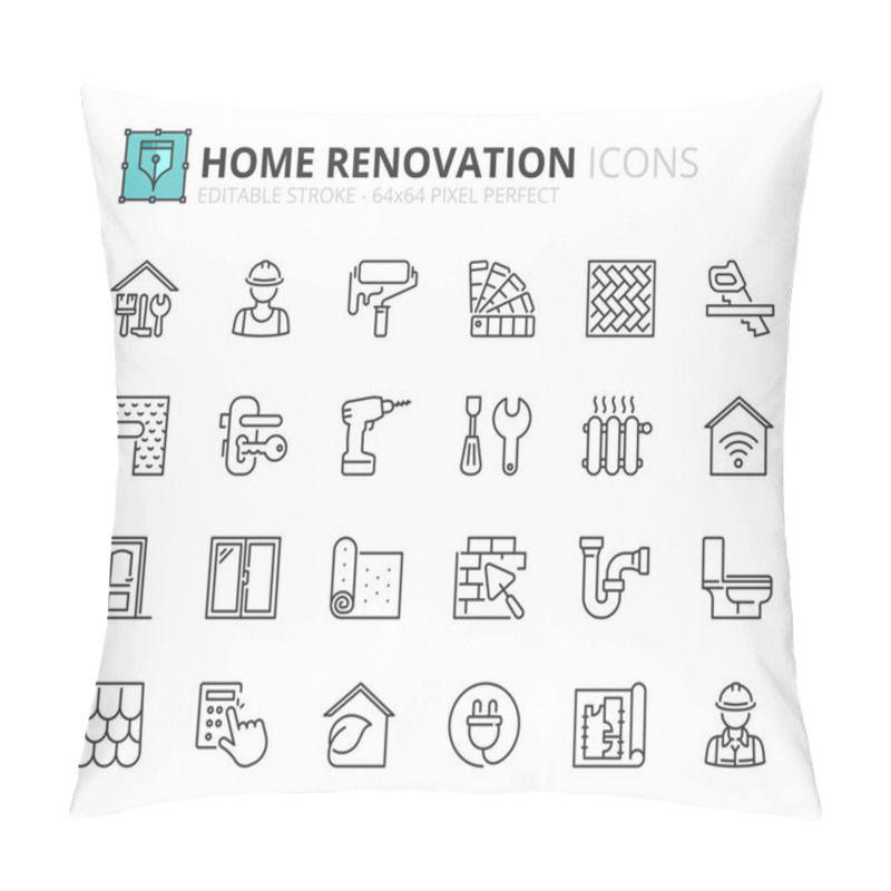 Personality  Outline Icons About Home Renovation. Contains Such Icons As Repair, Tools, Building Materials, Worker, Sanitary, Carpentry, Architecture  And Decor. Editable Stroke Vector 64x64 Pixel Perfect Pillow Covers