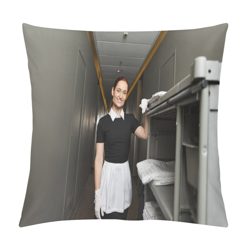 Personality  A Beautiful Young Woman In Uniform Smiles Brightly As She Prepares For Her Workday. Pillow Covers