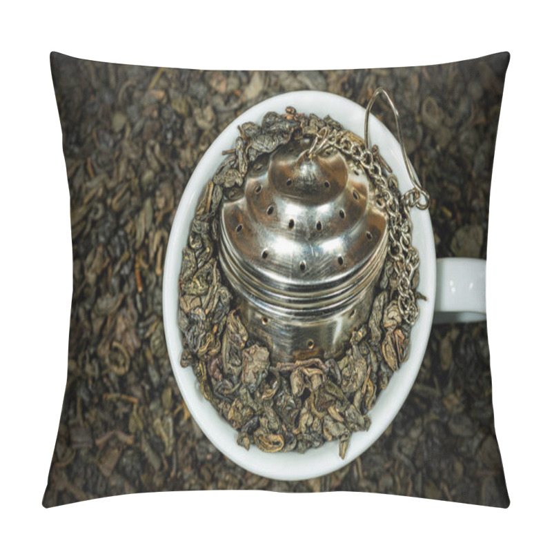 Personality  Dried Leaves Of Green Gunpowder Tea In A Cup With Steel Strainer Pillow Covers