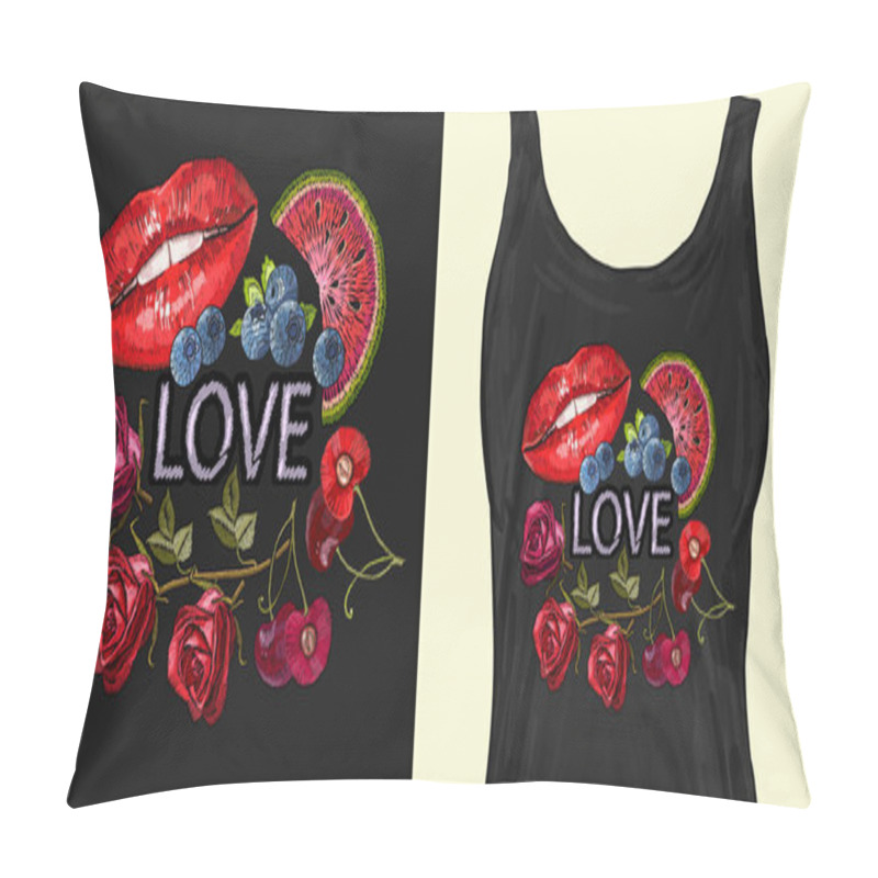 Personality  Embroidery Lips, Cherry, Roses And Watermelon Slice Pillow Covers