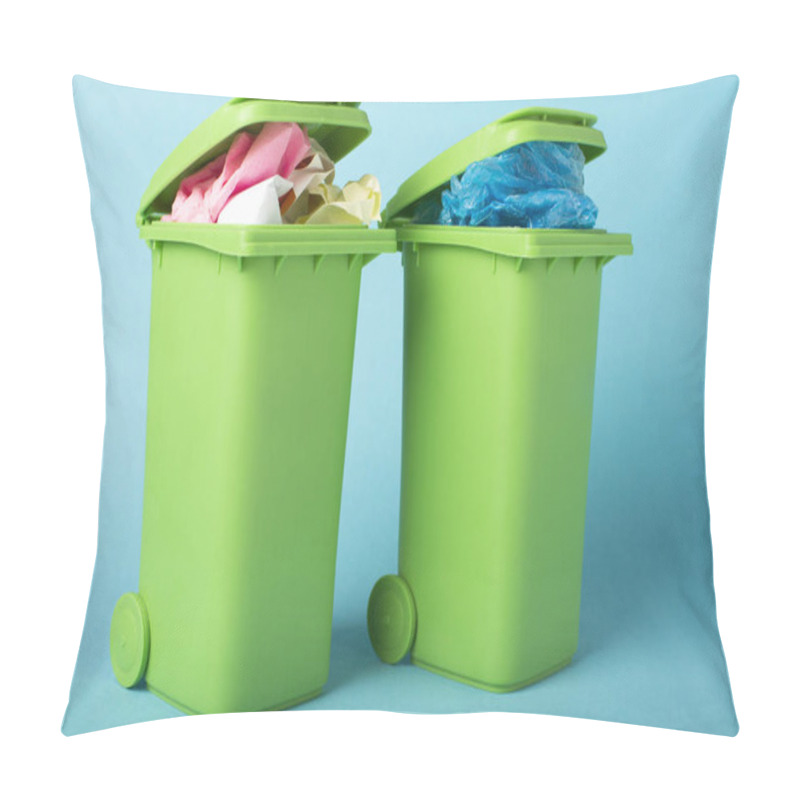 Personality  Recycle Bins On Blue Background. Paper And Polyethylene. Waste Recycling. Ecological Concept Pillow Covers