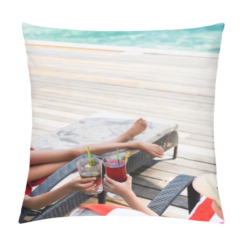 Personality  High Angle View Of Girls Sitting In Sunbeds And Clinking Glasses With Fresh Cocktails Pillow Covers