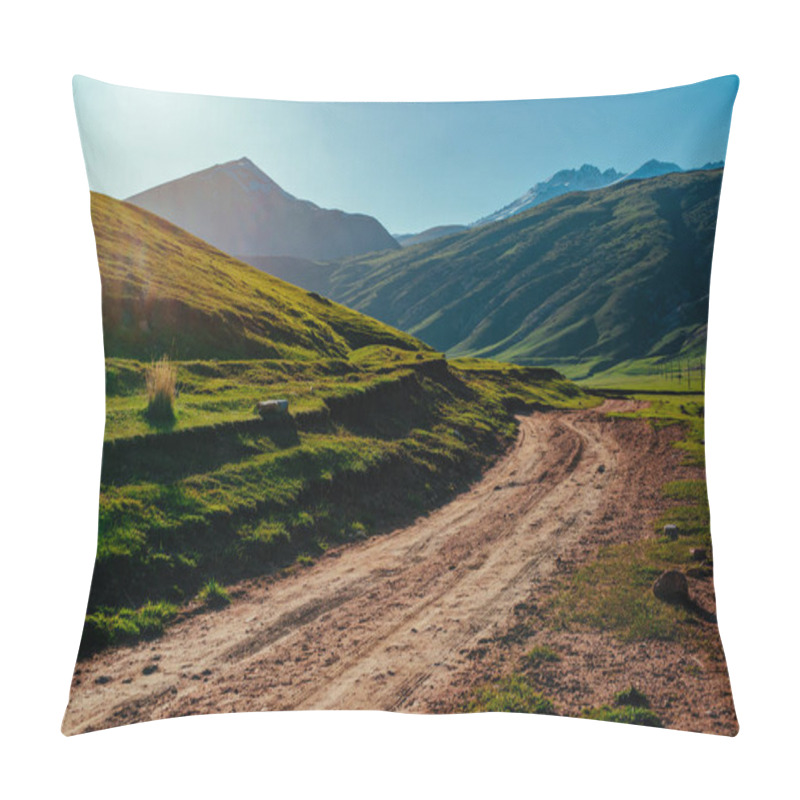 Personality  Picturesque Mountain Valley With Dirt Road At Sunset Pillow Covers