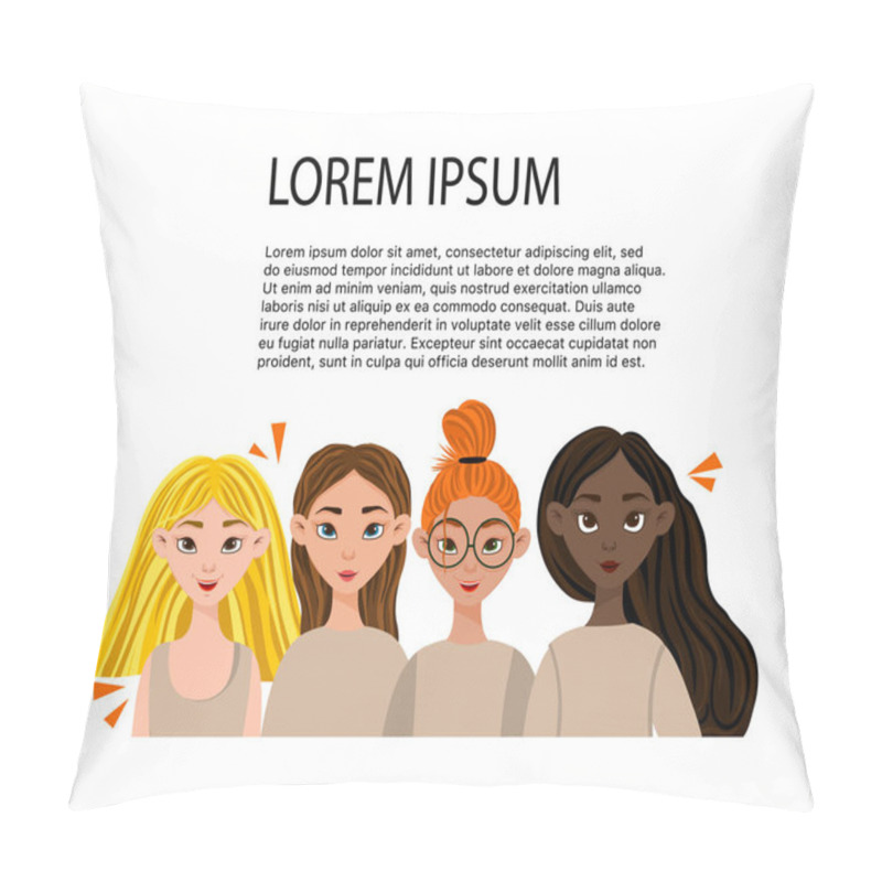 Personality  Template For Text With Women Of Different Nationalities. Cartoon Style. Vector Illustration. Pillow Covers