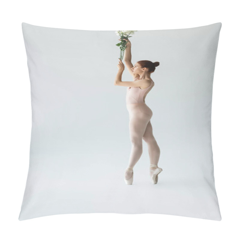 Personality  Side View Of Ballerina In Bodysuit Holding Flowers While Standing On Ballet Shoes On Grey Pillow Covers