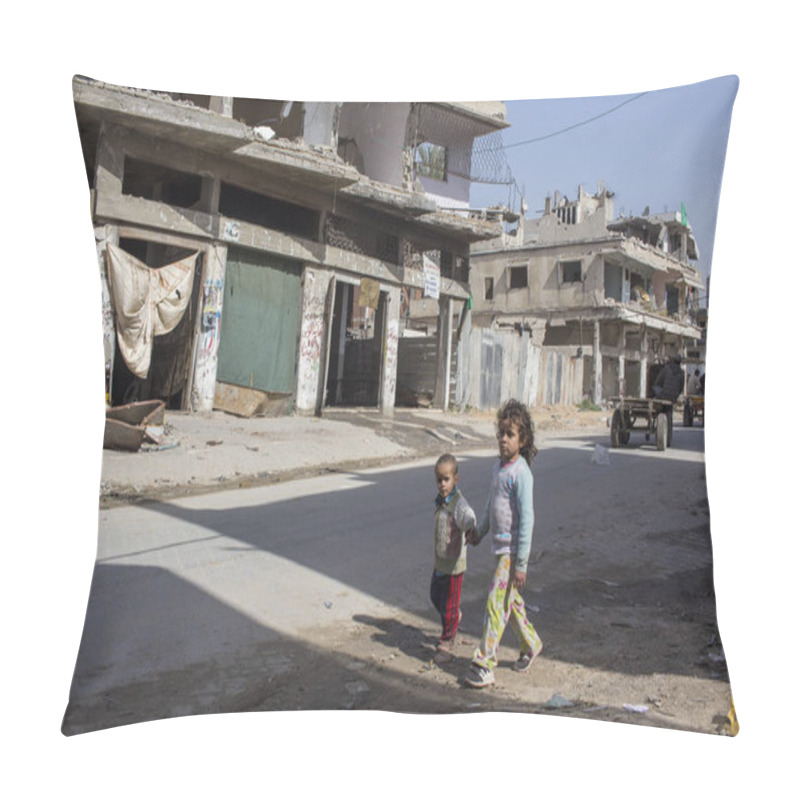 Personality  Shujayea, Gaza Strip/Palestine - Feb 25 2015: Brother And Sister Walk, Among The Semi-destroyed Houses, Holding Hands.  Pillow Covers