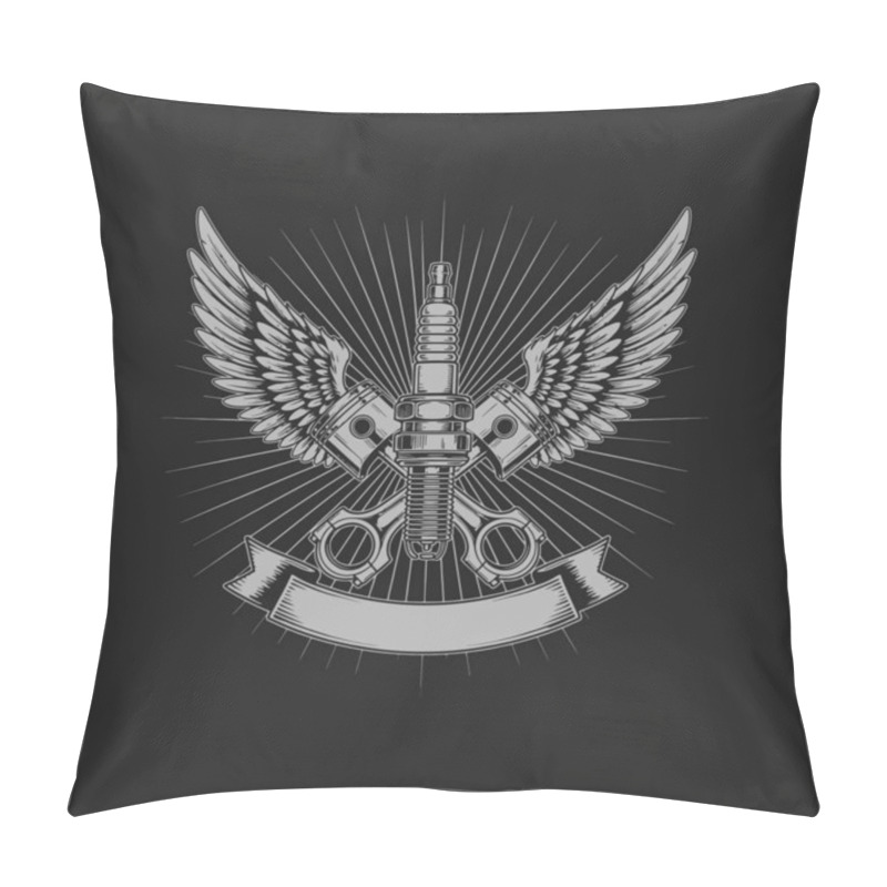 Personality  A Stylized Emblem Featuring A Spark Plug, Pistons, And Wings, Symbolizing Automotive Power And Speed. Pillow Covers