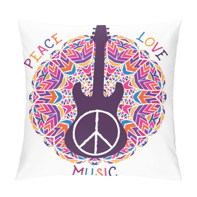 Personality  Hippie Peace Symbol. Peace, Love, Music Sign And Guitar On Ornate Colorful Mandala Background. Design Concept For Banner, Card, Scrap Booking, T-shirt, Bag, Print, Poster. Vector Illustration Pillow Covers