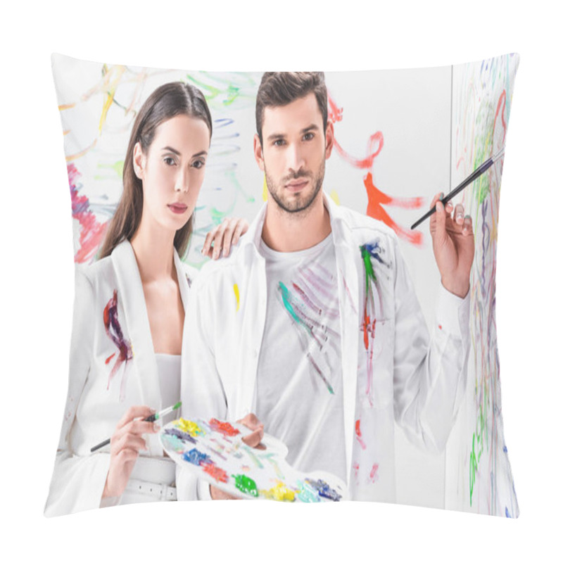 Personality  Fashion Shoot Of Couple In Total White Drawing With Paints On Wall Pillow Covers