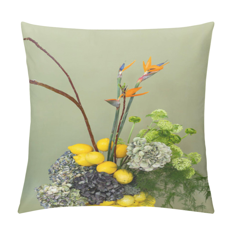 Personality  A Vibrant Bouquet Of Citrus And Tropical Blooms Amidst Lush Greenery On A Soft Green Backdrop Pillow Covers