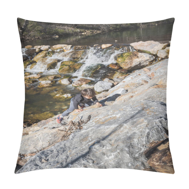 Personality  Little Kid Playing Next To A River During The Winter Ending And The Spring Beginning In A Warm Sunny Day Pillow Covers