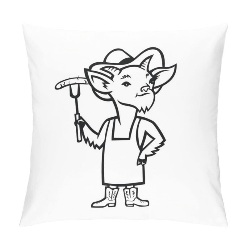 Personality  Mascot Black And White Illustration Of A Billy Goat Who Is A Barbecue Or Bbq Chef Holding Sausage And Wearing Cowboy Hat, Boots, Apron Standing Front View On Isolated Background In Retro Style. Pillow Covers