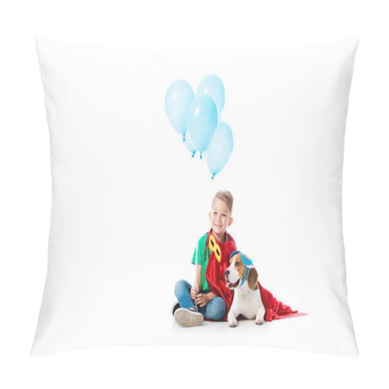 Personality  Smiling Preschooler Child And Beagle Dog In Red Hero Cloaks With Blue Party Balloons On White Pillow Covers