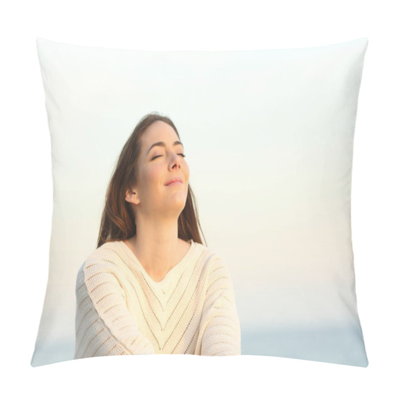 Personality  Relaxed Woman Breaths Fresh Air Sitting On The Beach Pillow Covers