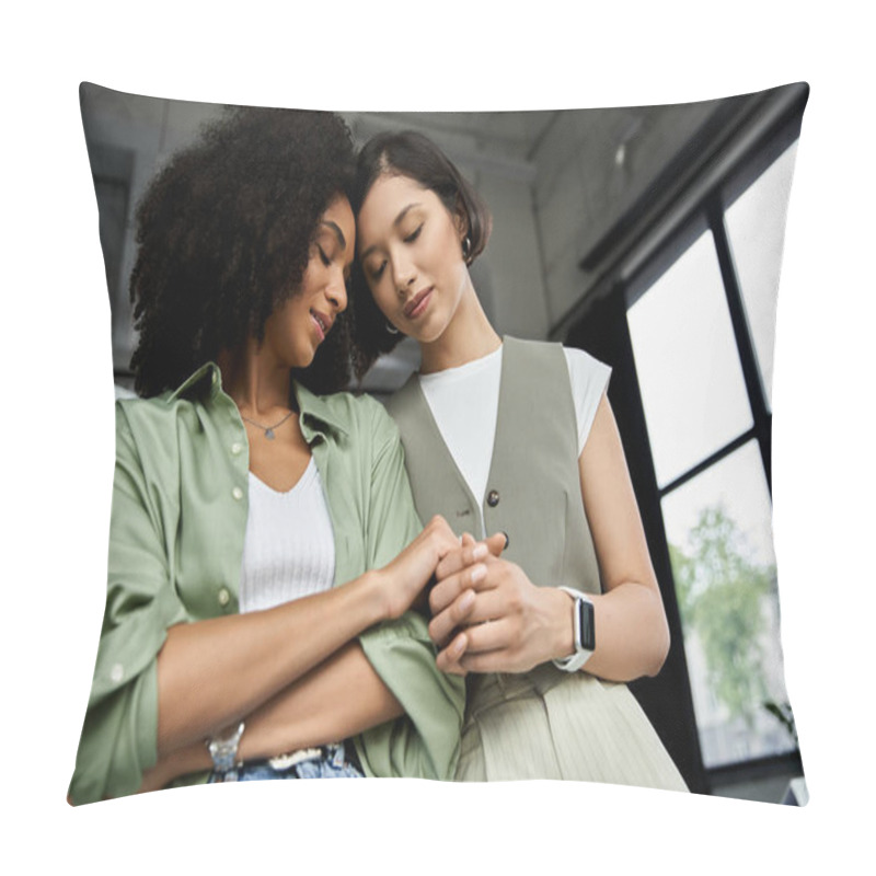 Personality  Two Women Stand Close, Foreheads Touching, Hands Clasped In Affection And Support. Pillow Covers