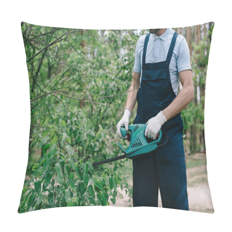 Personality  Partial View Of Gardener Trimming Bushes With Electric Pruner  Pillow Covers