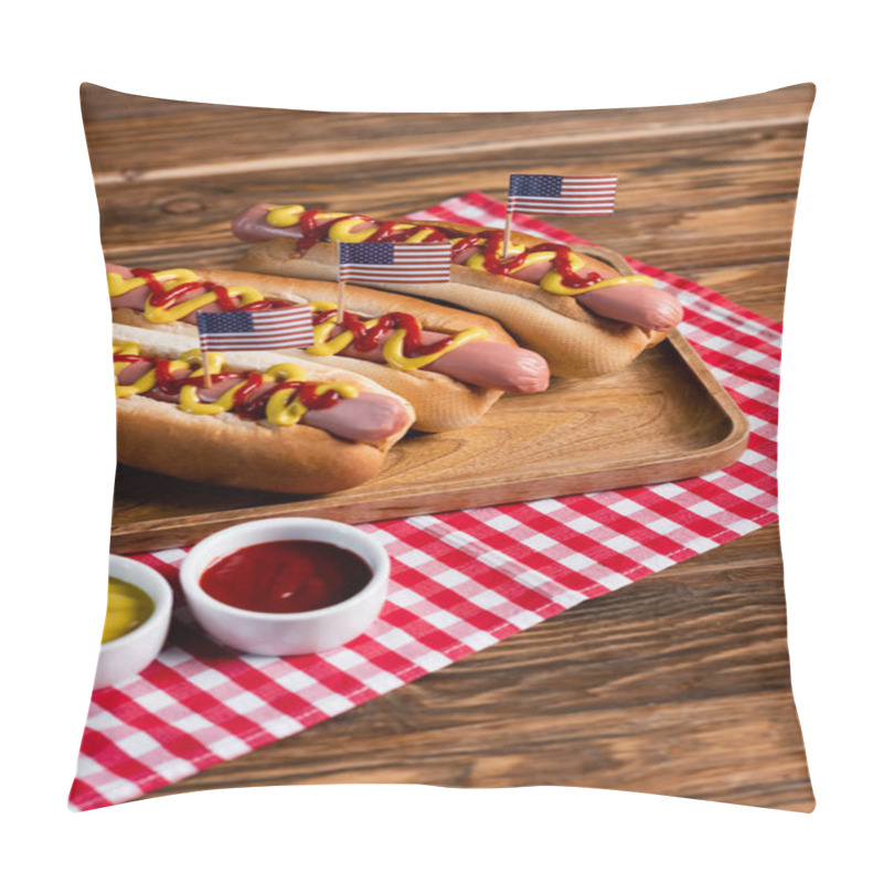 Personality  Hot Dogs With Small Usa Flags On Tray And Plaid Napkin Near Ketchup And Mustard On Wooden Table Pillow Covers