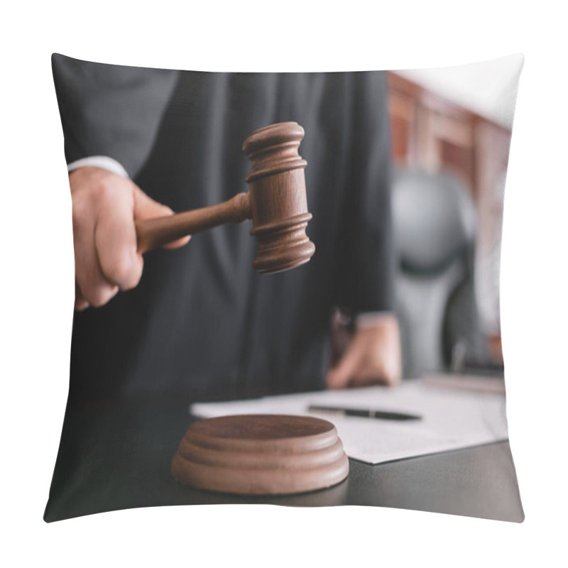 Personality  Partial View Of Blurred Judge Holding Gavel During Sentencing In Court Pillow Covers