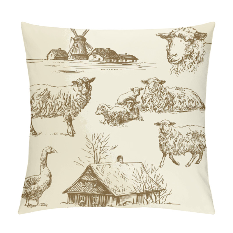 Personality  Rural Landscape, Farm Animal - Hand Drawn Illustration  Pillow Covers