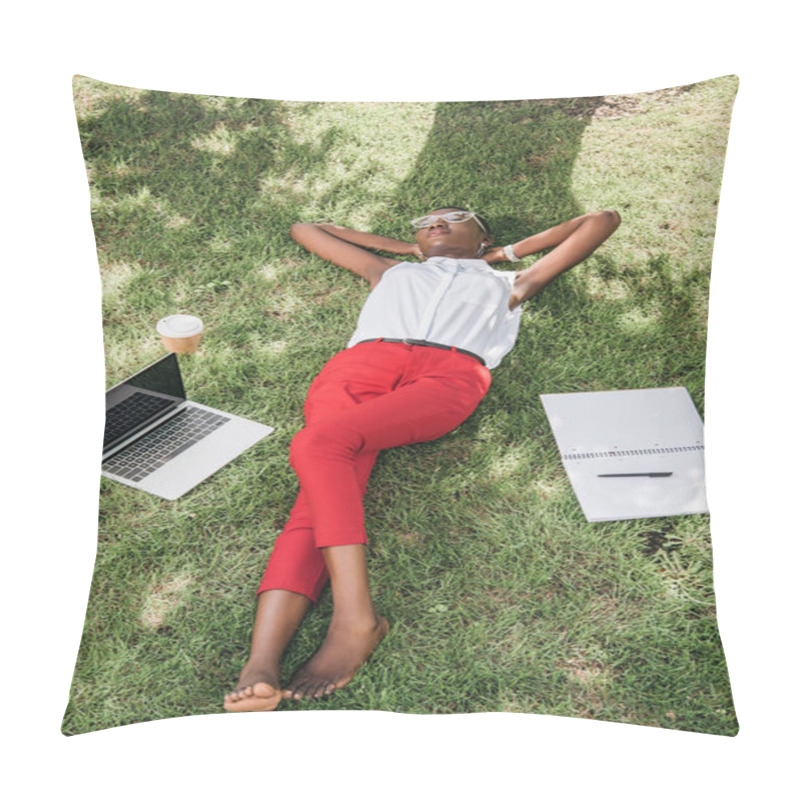 Personality  High Angle View Of Stylish Attractive African American Businesswoman Lying On Grass In Park Pillow Covers