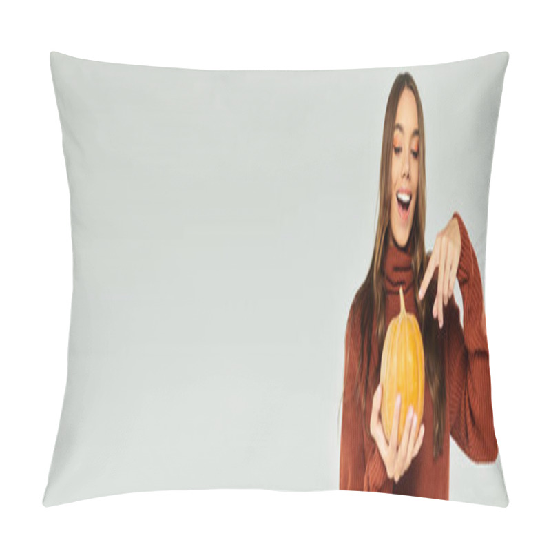 Personality  The Beautiful Woman Delights In Halloween Festivities, Showcasing Her Pumpkin With Excitement. Pillow Covers