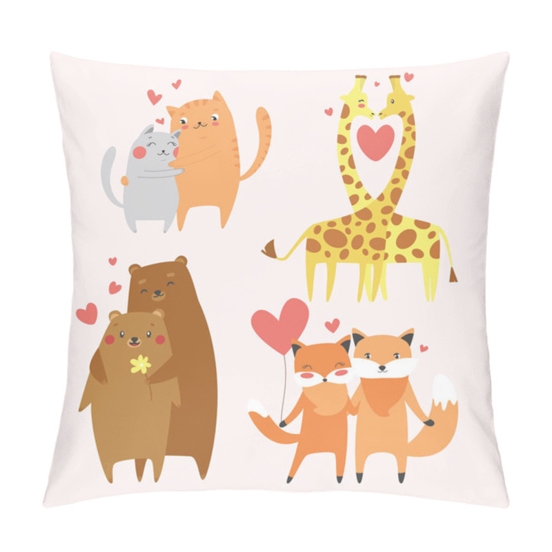 Personality  Cute Animals Couples In Love Collection. Happy Valentine's Day Postcard. Vector Illustration. Wild Animals Set Pillow Covers