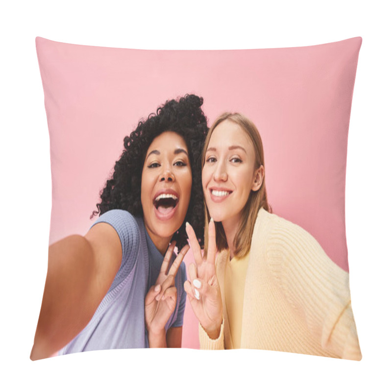 Personality  Two Women In Casual Attire Pose For A Selfie In Front Of A Pink Wall. Pillow Covers