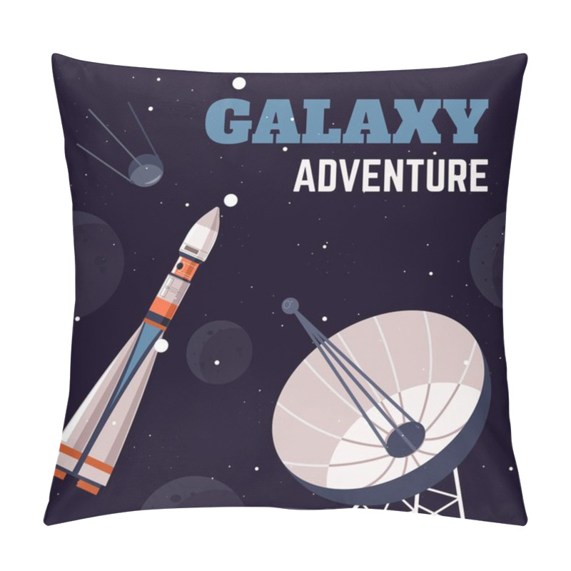 Personality  Outer Space, Universe And Galaxy Adventure. Exploration And Discovery Of New Life Forms With Help Of Techniques And Devices. Floating Rocket And Satellite, Antenna Gathering Info. Vector In Flat Style Pillow Covers