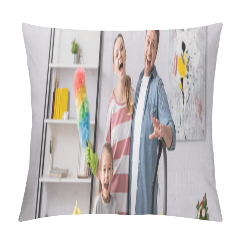 Personality  Amazed Family With Cleaning Supplies Looking At Camera, Banner Pillow Covers