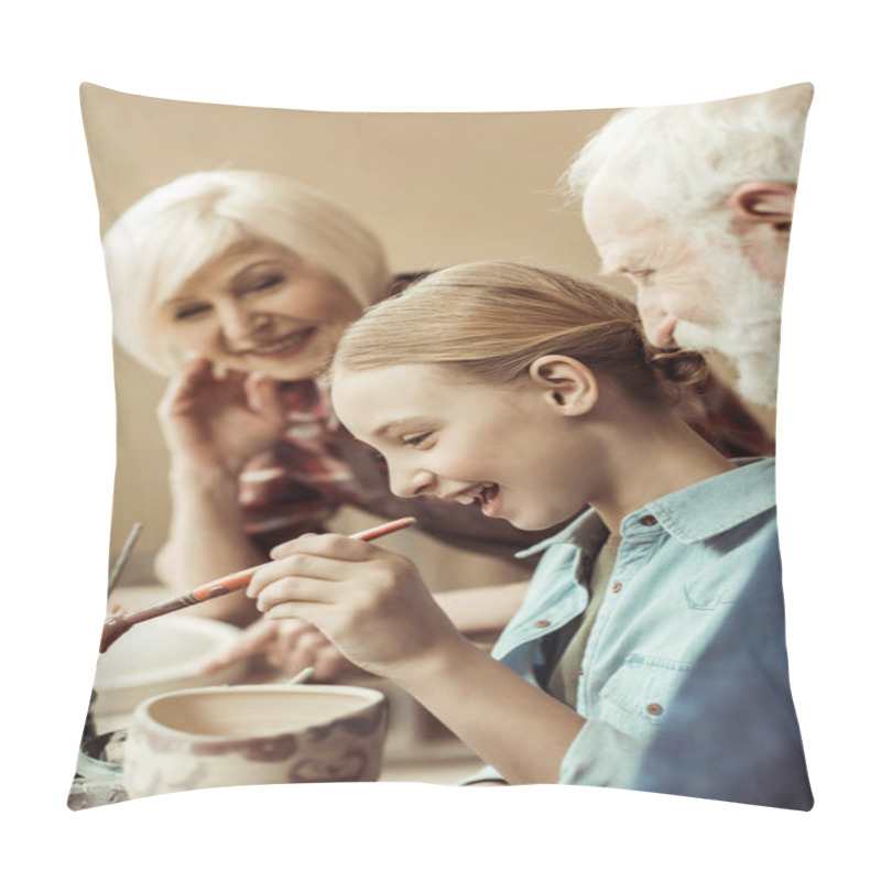 Personality  Side View Of Girl Painting Clay Pot And Grandparents Helping At Workshop Pillow Covers