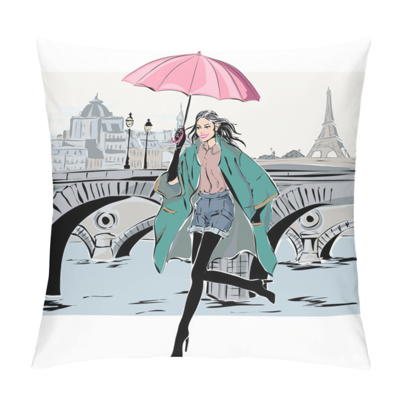 Personality  Fashion Model In Sketch Style Fall Winter With Paris City Background Pillow Covers