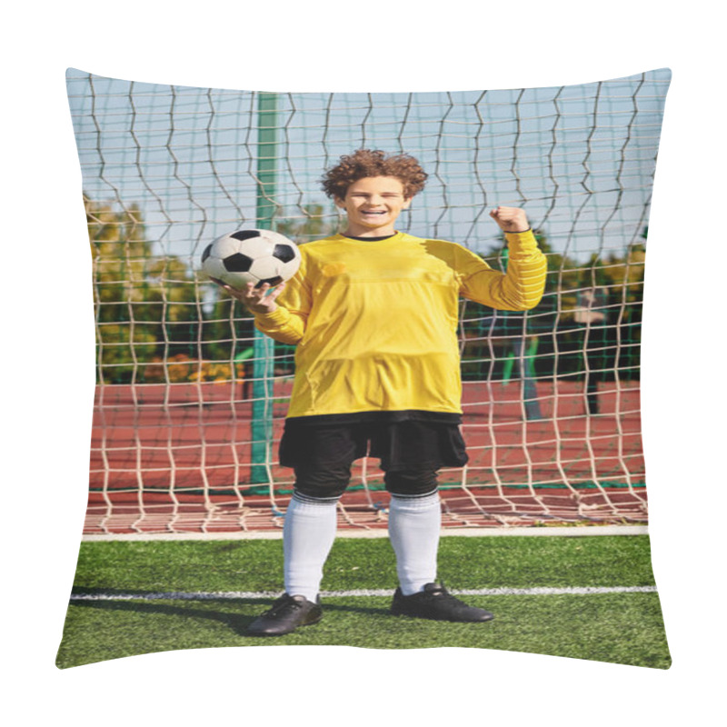 Personality  A Young Boy In A Soccer Uniform Stands Confidently, Holding A Soccer Ball With A Determined Look On His Face. Pillow Covers