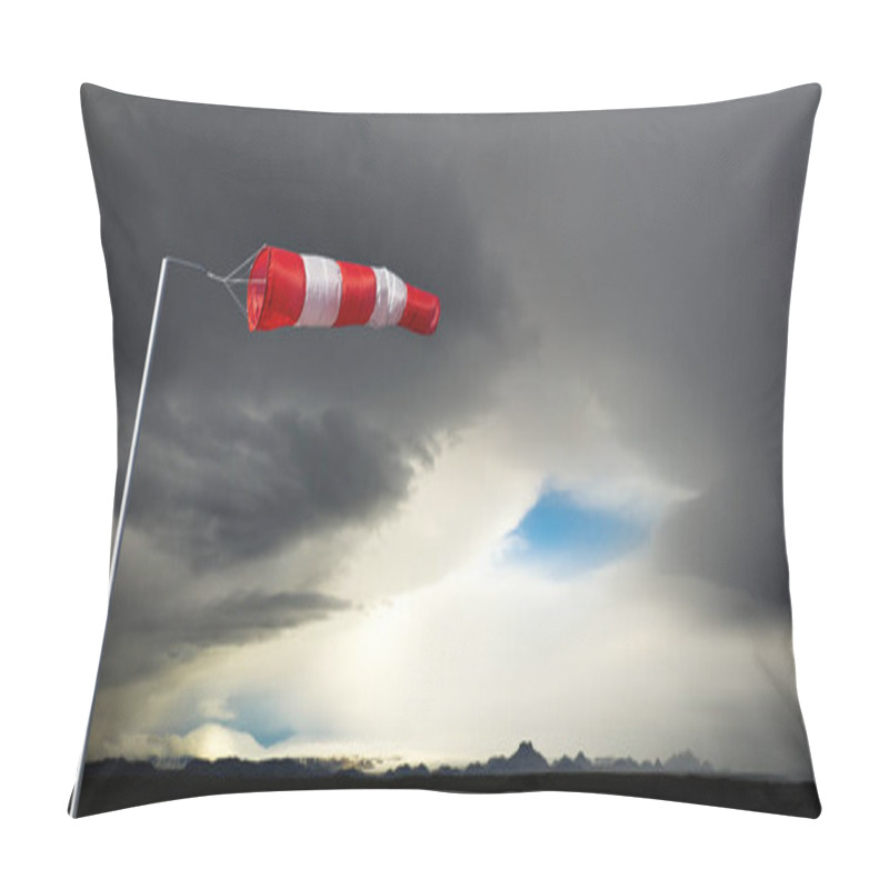 Personality  Windsack With Red Stripes And The Blue Eye Of The Storm. Extreme Weather In Iceland. Concept For Prediction And Vision For New And Creative Business Solutions. Pillow Covers