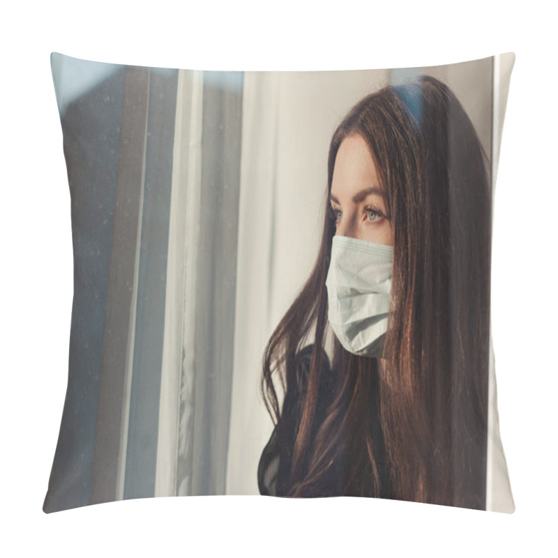 Personality  Coronavirus. Sick Woman Of Covid-19 Looking Through The Window And Wearing Mask Protection. Patient Isolated To Prevent Infection During Quarantine. The Woman Wears A Mask Because Of Air Pollution. Pillow Covers