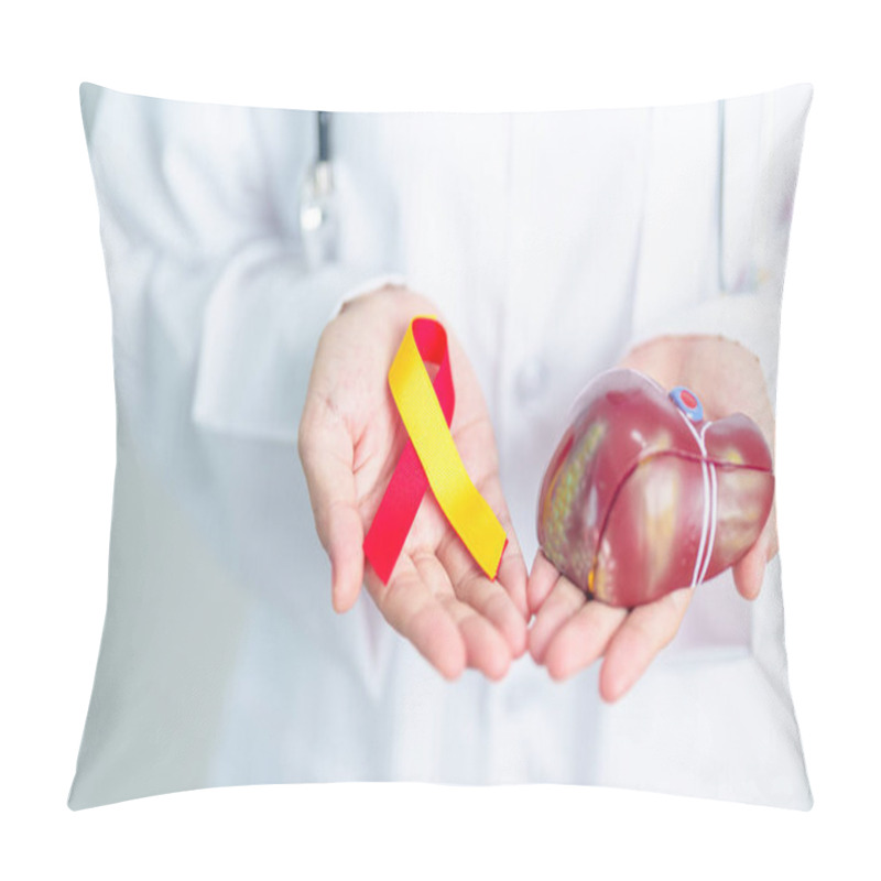 Personality  Doctor With Red And Yellow Ribbon And Human Liver Anatomy Model. World Hepatitis Day, 28 July, Liver Cancer Awareness Month, Jaundice, Cirrhosis, Failure, Enlarged, Hepatic Encephalopathy And Health Pillow Covers